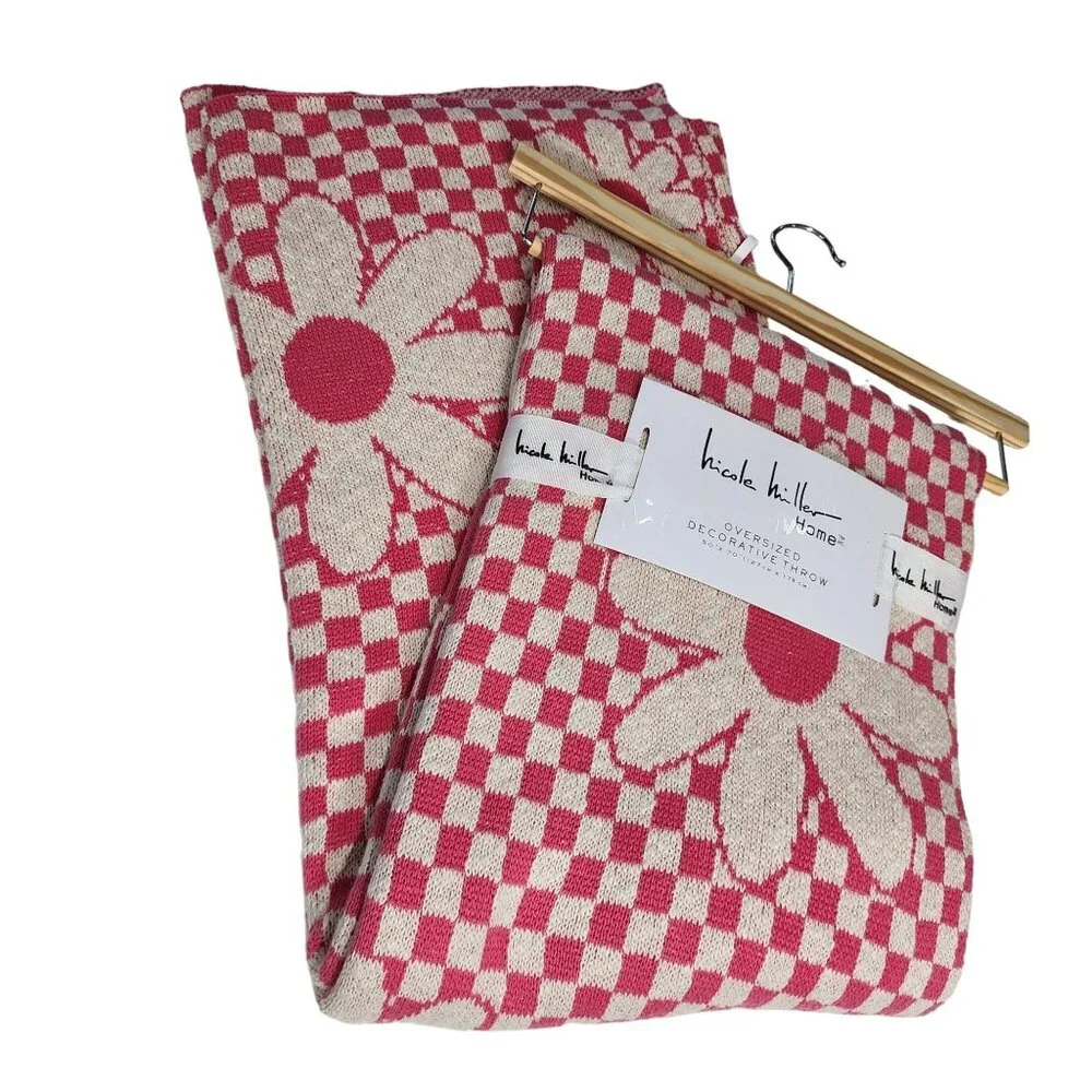 Nicole Miller Cotton‎ Throw Blanket Decorative Oversize Floral And Check 50x70in